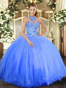 Vintage Ball Gowns Quinceanera Dress Blue Halter Top Tulle Sleeveless Floor Length Lace Up
