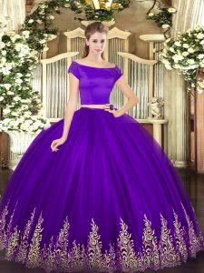 Tulle Off The Shoulder Short Sleeves Zipper Appliques 15 Quinceanera Dress in Purple