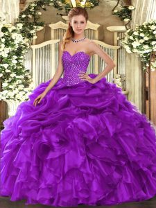 Latest Floor Length Purple Sweet 16 Dress Sweetheart Sleeveless Lace Up