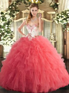 Designer Watermelon Red Ball Gowns Tulle Sweetheart Sleeveless Beading and Ruffles Floor Length Lace Up 15 Quinceanera Dress