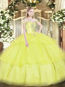 Off The Shoulder Sleeveless Lace Up Quinceanera Gown Yellow Organza