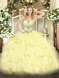Ideal Sleeveless Organza Floor Length Lace Up Quince Ball Gowns in Yellow with Beading and Ruffles