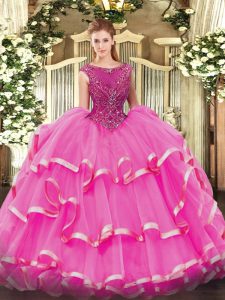 Fuchsia Zipper Scoop Beading and Ruffled Layers Quinceanera Gowns Organza Sleeveless