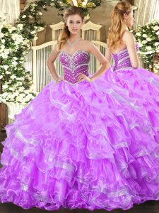 Lilac Sweetheart Lace Up Beading and Ruffled Layers 15th Birthday Dress Sleeveless