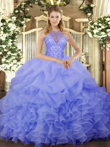 High End Blue Halter Top Neckline Beading and Ruffles and Pick Ups 15 Quinceanera Dress Sleeveless Lace Up