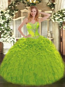 Stunning Beading and Ruffles Quinceanera Dresses Olive Green Lace Up Sleeveless Floor Length