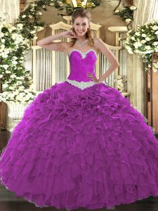 Perfect Fuchsia Ball Gowns Organza Sweetheart Sleeveless Appliques and Ruffles Floor Length Lace Up Quinceanera Dress