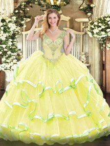 Noble V-neck Sleeveless 15 Quinceanera Dress Floor Length Beading and Ruffled Layers Yellow Organza