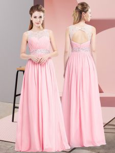High Quality Pink Chiffon Lace Up Scoop Sleeveless Floor Length Evening Dress Beading