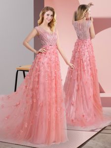 Low Price Pink Sleeveless Sweep Train Beading and Appliques Prom Gown
