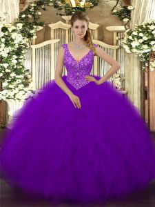 V-neck Sleeveless Quince Ball Gowns Floor Length Beading and Ruffles Purple Tulle