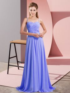 High Quality Chiffon Spaghetti Straps Sleeveless Sweep Train Backless Ruching Prom Dresses in Lavender