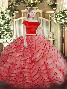 Discount Coral Red Short Sleeves Ruffled Layers Zipper Sweet 16 Quinceanera Dress