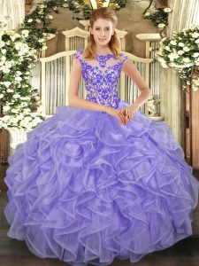 Hot Selling Organza Scoop Cap Sleeves Lace Up Beading and Appliques and Ruffles Quinceanera Dresses in Lavender