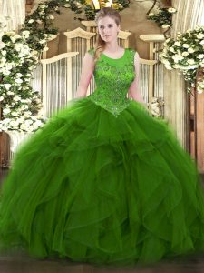 Smart Green Zipper Ball Gown Prom Dress Beading and Ruffles Sleeveless Floor Length