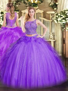 Most Popular Floor Length Lavender 15th Birthday Dress Tulle Sleeveless Beading and Ruffles