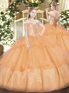 Off The Shoulder Sleeveless Lace Up Vestidos de Quinceanera Orange Organza
