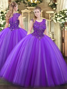 Designer Scoop Sleeveless Zipper Quinceanera Gowns Eggplant Purple Tulle