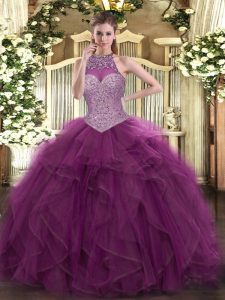 Super Floor Length Burgundy Quinceanera Gown Halter Top Sleeveless Lace Up