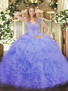 Excellent Floor Length Lavender Quinceanera Gowns V-neck Sleeveless Lace Up