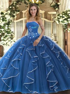 Blue Ball Gowns Strapless Sleeveless Tulle Floor Length Lace Up Beading and Ruffles 15th Birthday Dress