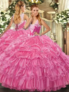 Cheap Rose Pink Ball Gowns Straps Sleeveless Organza Floor Length Lace Up Beading and Ruffled Layers and Pick Ups 15 Quinceanera Dress