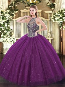 Eggplant Purple Quinceanera Gowns Party and Military Ball and Sweet 16 and Quinceanera with Beading Halter Top Sleeveless Lace Up