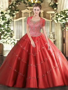 Beading 15 Quinceanera Dress Coral Red Clasp Handle Sleeveless Floor Length