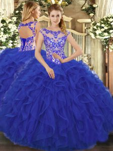 Romantic Royal Blue Scoop Lace Up Beading and Ruffles Vestidos de Quinceanera Sleeveless