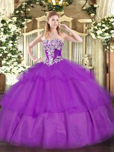 Graceful Beading and Ruffled Layers Quinceanera Dresses Purple Lace Up Sleeveless Floor Length