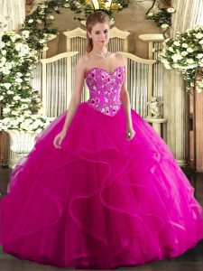 Customized Sweetheart Sleeveless Quinceanera Dress Floor Length Embroidery and Ruffles Fuchsia Tulle