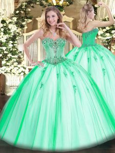 Sweetheart Sleeveless Tulle Sweet 16 Quinceanera Dress Beading and Appliques Lace Up