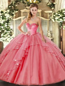 Watermelon Red Sweetheart Lace Up Beading and Ruffled Layers Quince Ball Gowns Sleeveless