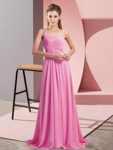 Rose Pink Sleeveless Chiffon Sweep Train Backless Prom Evening Gown for Prom and Party