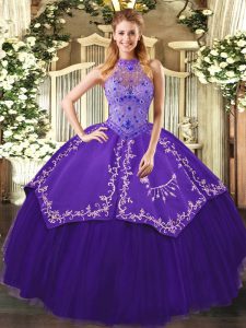 Inexpensive Purple Lace Up Halter Top Beading and Embroidery Vestidos de Quinceanera Tulle Sleeveless