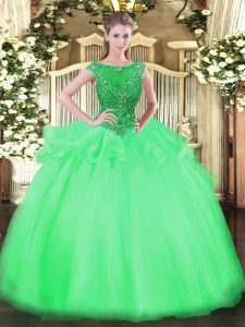Green Scoop Neckline Beading Ball Gown Prom Dress Cap Sleeves Zipper