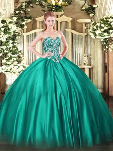 Shining Turquoise Sleeveless Satin Lace Up Quinceanera Gown for Military Ball and Sweet 16 and Quinceanera