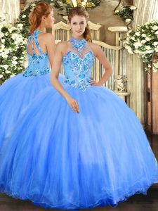 Embroidery Quinceanera Gowns Blue Lace Up Sleeveless Floor Length