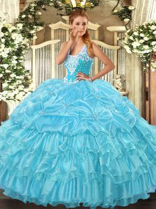 Aqua Blue Lace Up Sweet 16 Dress Beading and Ruffled Layers and Pick Ups Sleeveless Floor Length