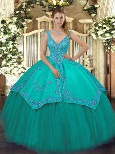 Ideal Turquoise Ball Gowns Beading and Embroidery Quinceanera Gowns Zipper Taffeta and Tulle Sleeveless Floor Length