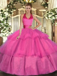 Elegant Fuchsia Ball Gowns Tulle Halter Top Sleeveless Ruffled Layers Floor Length Lace Up 15th Birthday Dress
