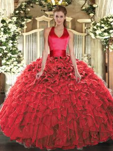 Sleeveless Organza Floor Length Lace Up Sweet 16 Dresses in Red with Ruffles