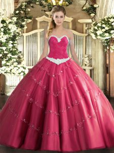Sleeveless Floor Length Appliques Lace Up Quinceanera Dress with Hot Pink