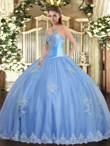 Sophisticated Sweetheart Sleeveless 15 Quinceanera Dress Floor Length Beading and Appliques Baby Blue Tulle