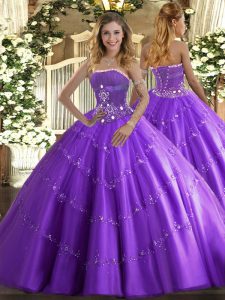 Floor Length Lavender Quinceanera Gowns Tulle Sleeveless Beading and Appliques
