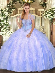 Sexy Floor Length Lace Up Quinceanera Dress Light Blue for Military Ball and Sweet 16 and Quinceanera with Appliques and Ruffles