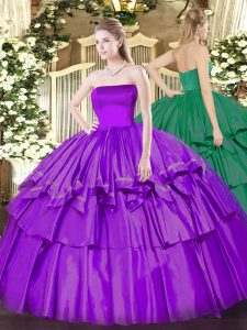 Extravagant Ruffled Layers Ball Gown Prom Dress Eggplant Purple Zipper Sleeveless Floor Length