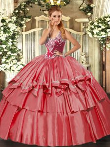 Fashion Coral Red Organza and Taffeta Lace Up Sweet 16 Dress Sleeveless Floor Length Beading and Ruffled Layers
