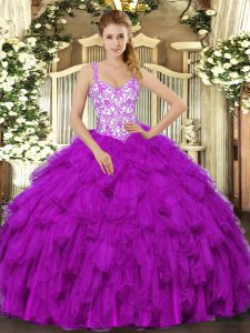 Fuchsia Straps Neckline Beading and Appliques and Ruffles Sweet 16 Dresses Sleeveless Lace Up