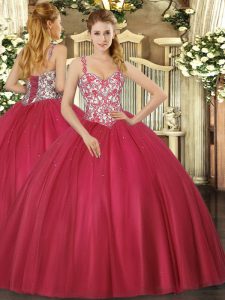 Coral Red Ball Gowns Tulle Straps Sleeveless Beading and Appliques Floor Length Lace Up Quinceanera Dresses